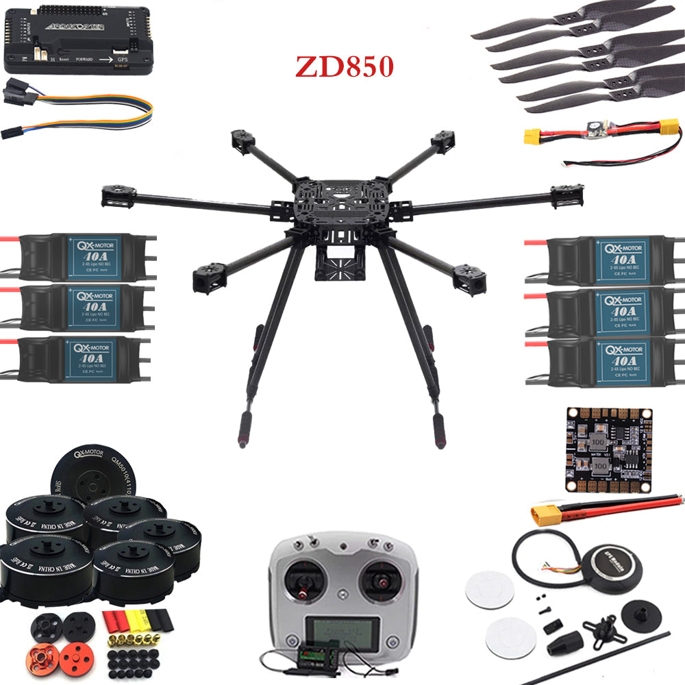 ZD850 Full Carbon Fiber 850mm Hexa-Rotor Frame APM 2.8 Flight Controller GPS QM5010 380KV Motor 1555 Carbon Fiber Propeller  set