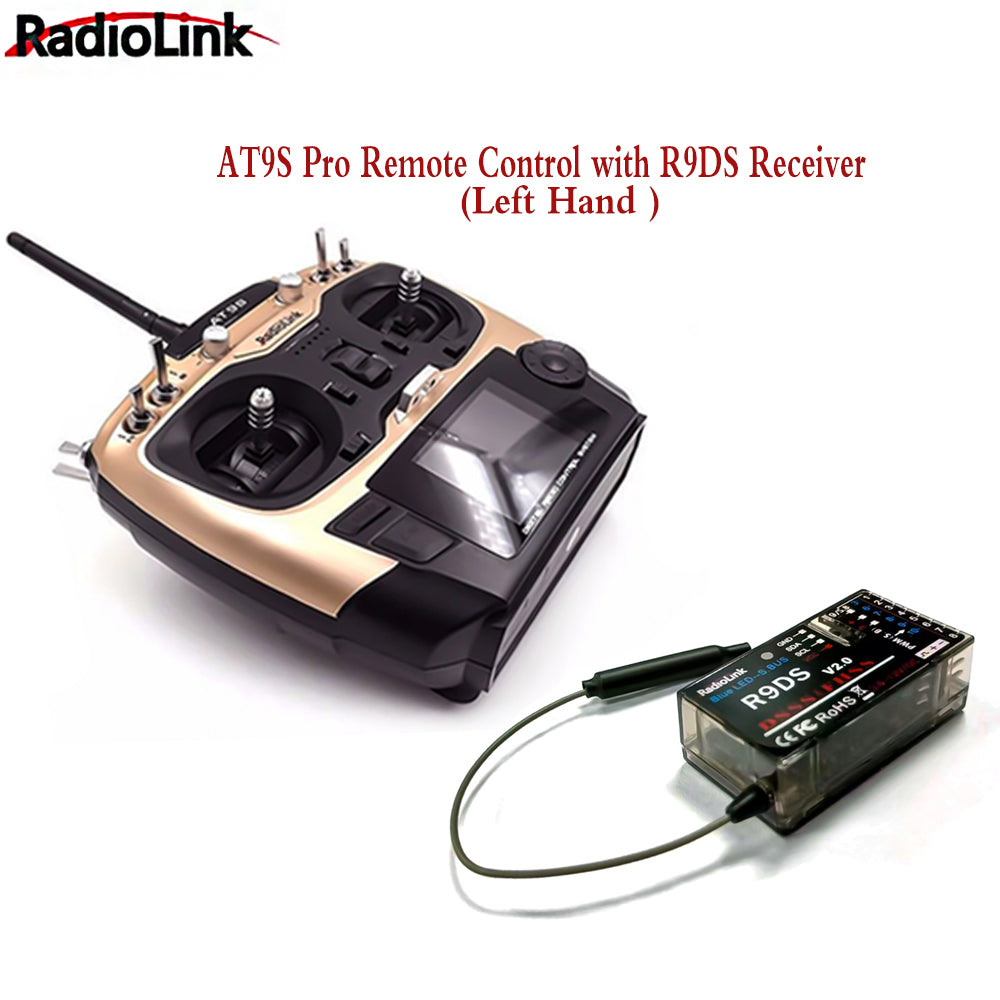 Radiolink Left Hand AT9S Pro Remote Control System 7.4~18.0V 2.4G 12CH DSSS FHSS Radio Transmitter with R9DS Receiver for Car Boats Drone