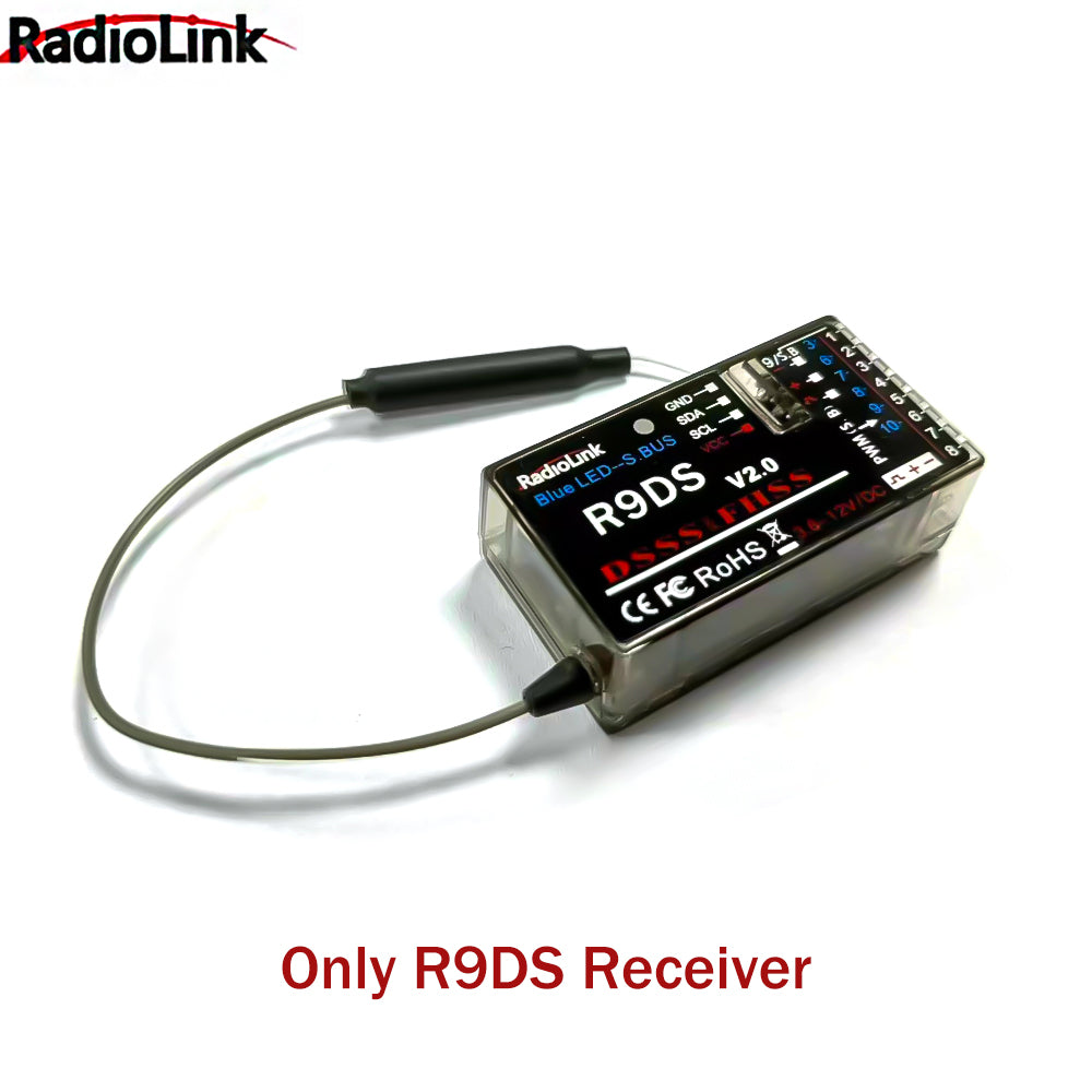 Radiolink Left Hand AT9S Pro Remote Control System 7.4~18.0V 2.4G 12CH DSSS FHSS Radio Transmitter with R9DS Receiver for Car Boats Drone