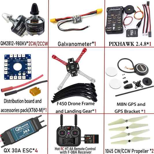 F450 4-axis Quadcopter DIY RC FPV Drone Kit with F450 Frame PXI/APM 2.8 Flight Controller 980KV Motor GPS HT-8A Transmitter F-08A Receiver