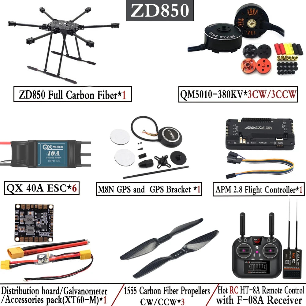 ZD850 Full Carbon Fiber 850mm Hexa-Rotor Frame APM 2.8 Flight Controller GPS QM5010 380KV Motor 1555 Carbon Fiber Propeller  set