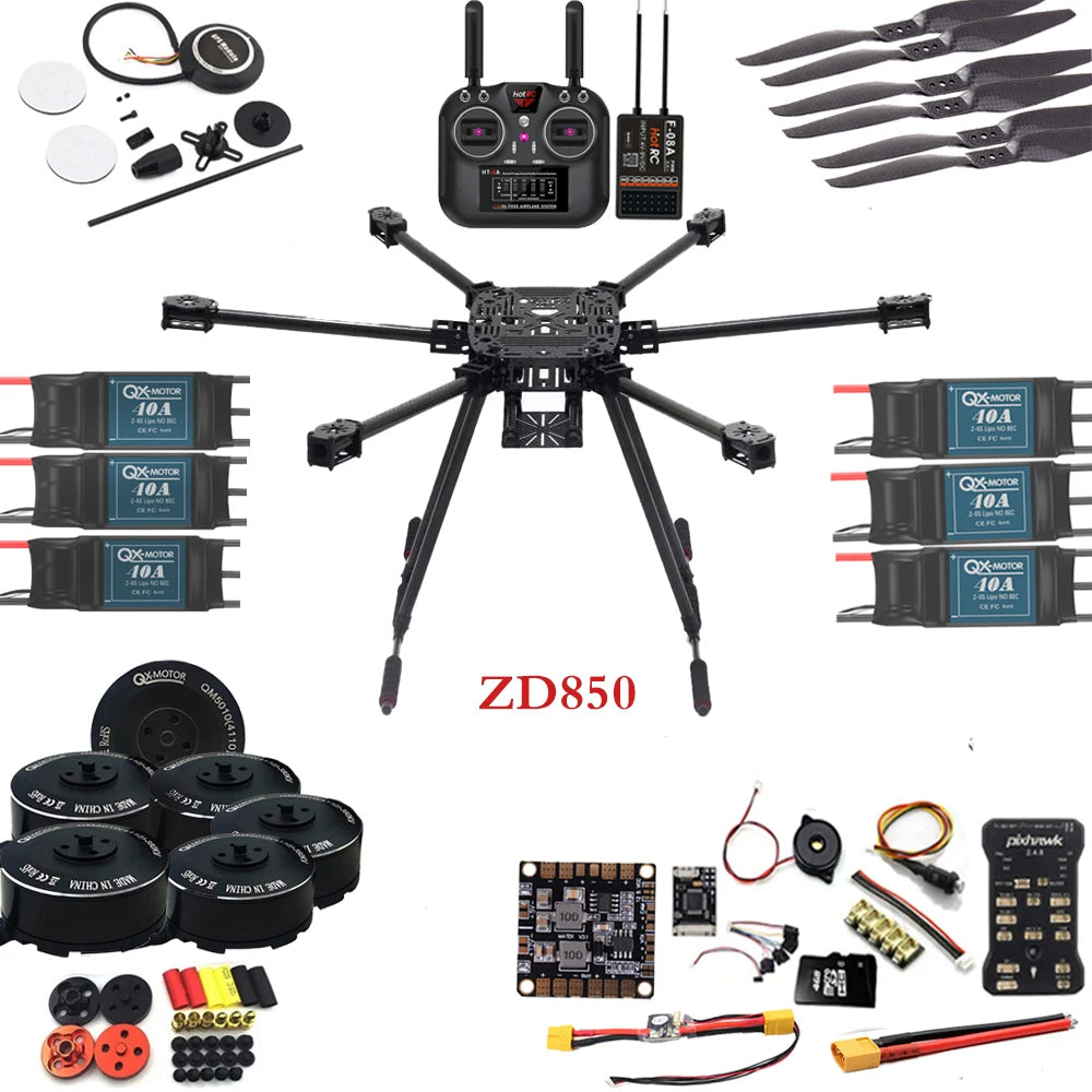 ZD850 Full Carbon Fiber Hexa-Rotor Frame Complete Set DIY Drone Accessories with QX-40A ESC/GPS/1555 Carbon Fiber Propellers