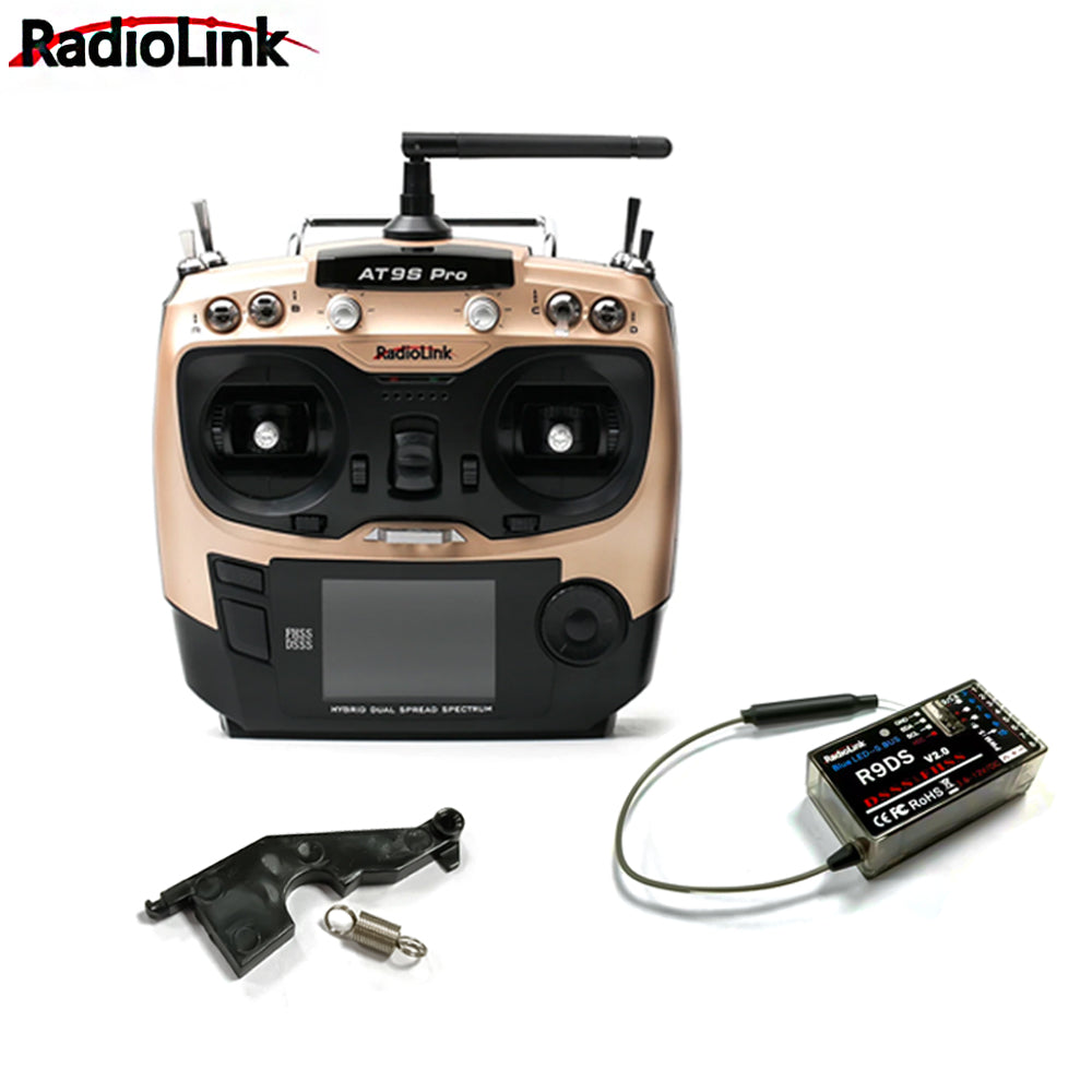 Radiolink Left Hand AT9S Pro Remote Control System 7.4~18.0V 2.4G 12CH DSSS FHSS Radio Transmitter with R9DS Receiver for Car Boats Drone