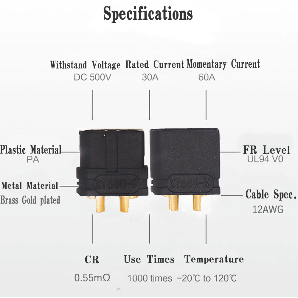 50pairs Amass XT60U Black Male Female Bullet Socket Connectors Plugs for Remote control toy parts