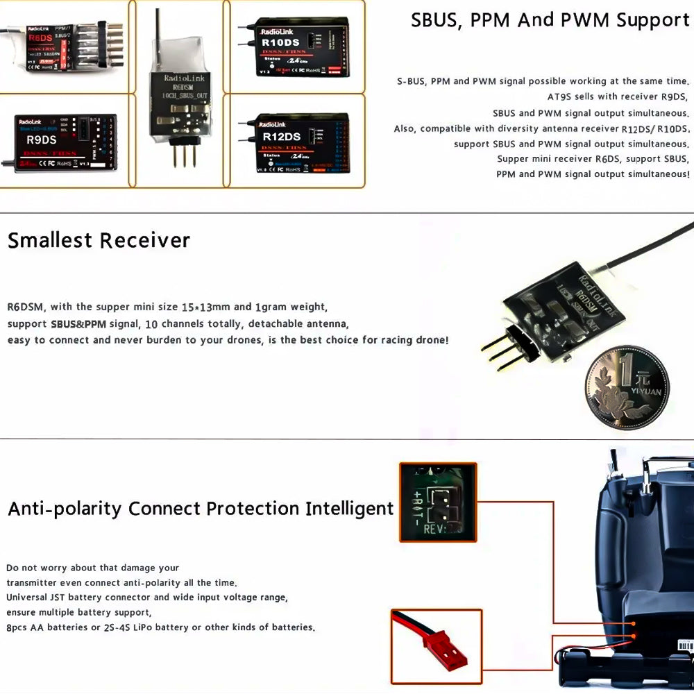 Radiolink Left Hand AT9S Pro Remote Control System 7.4~18.0V 2.4G 12CH DSSS FHSS Radio Transmitter with R9DS Receiver for Car Boats Drone