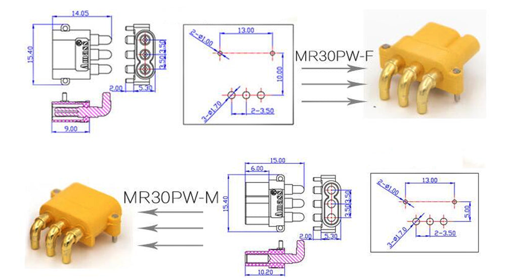 50pairs Amass MR30PW Connector Plug Female Male For RC Lipo Battery Remote Control Toy Parts