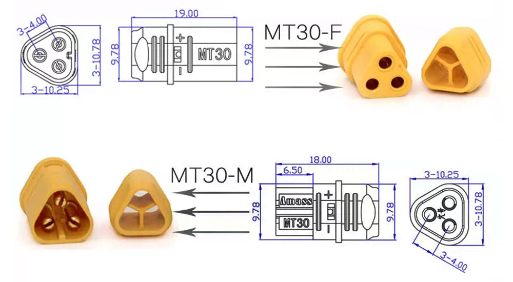 50Pairs Amass MT30 Connector Plug Female And Male Gold Plated For RC Lipo Battery Parts