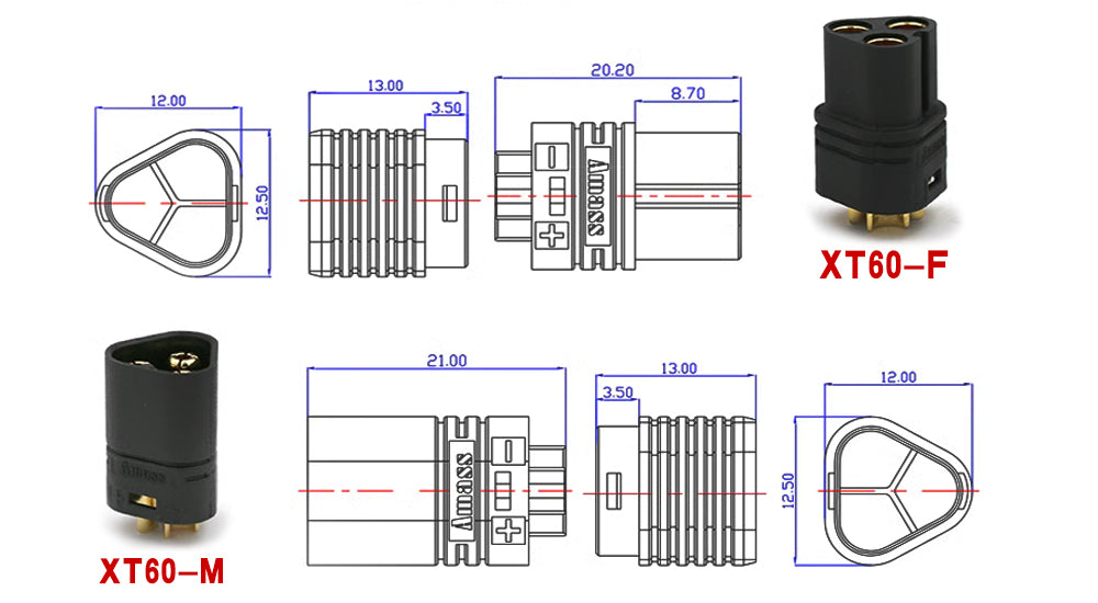 50Pairs Amass MT60 Black Male Female 3.5mm Plug Connector with Sheath Set for RC Remote Control Toy Airplane