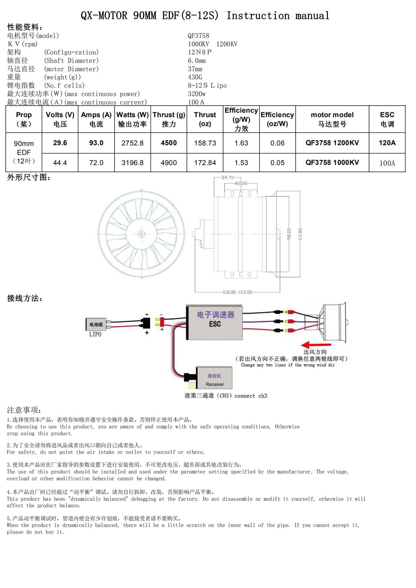 QX-MOTOR 90mm EDF Ducted 12 Blades Fan CW CCW with 1000KV or 1200KV Brushless Motor for RC Airplane Drone Model Spare Parts Accessories