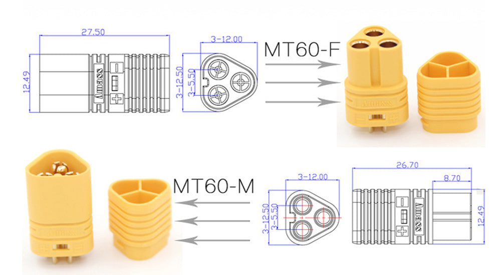 Amass 50Pairs MT60 Male Female Bullet Connector Plugs with Sheath Set for Remote Control Toy Car Model ESC Accessories