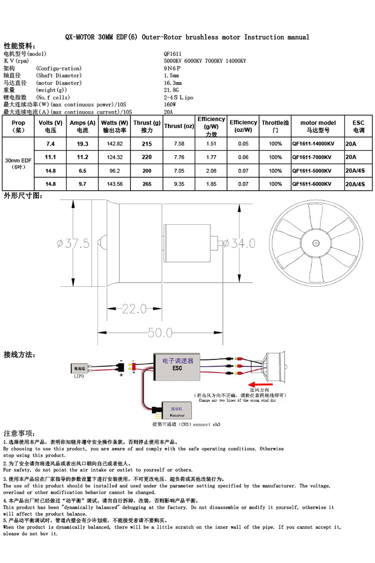 QX-Motor 30mm EDF ducted fan with 20A ESC 2S 3s 4s for Remote control toy parts