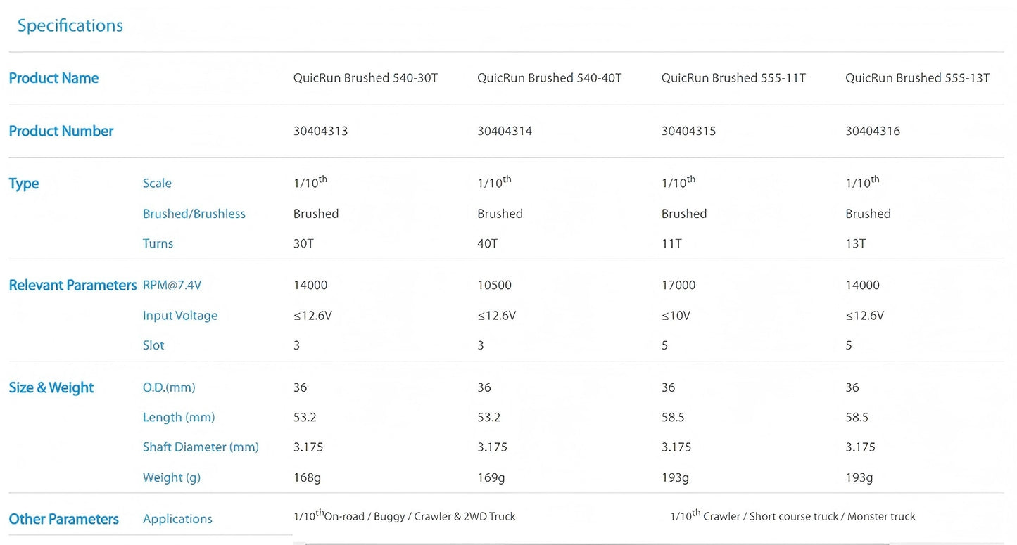 Hobbywing QuicRun 540 30T 40T/555 11T 13T brushed motor, suitable for 1/10 track vehicle road/off-road/crawling toys