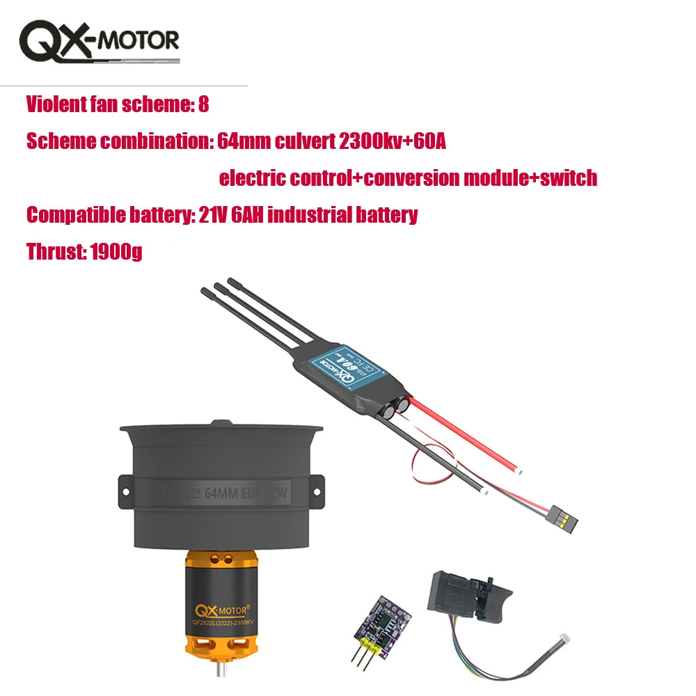 QX-MFLU 50mm 64mm 70mm EDF brushless motor (CW/CCW) assembly parts, equipped with 1KW controller and switch components