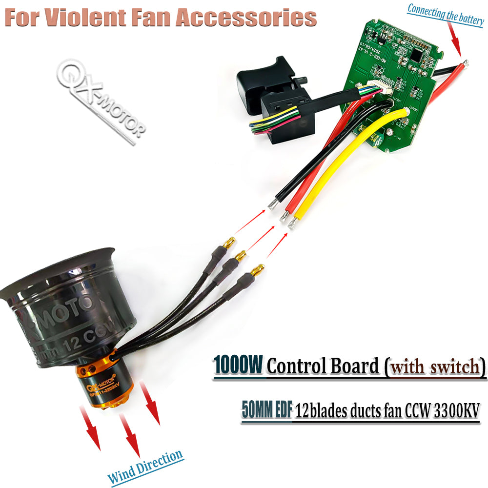 Brushless motor circuit board 1000W controller (with switch) and 50mm EDF 12 blades fan CCW 3300KV for violent fan accessories