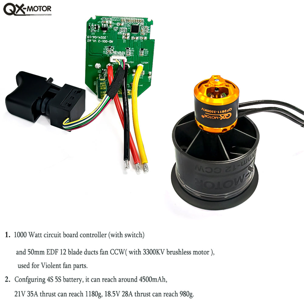 Brushless motor circuit board 1000W controller (with switch) and 50mm EDF 12 blades fan CCW 3300KV for violent fan accessories